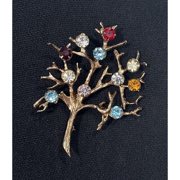 Vintage Sterling Silver Tree of Life Brooch Rhinestone Gold Tone Signed - Picture 1 of 7